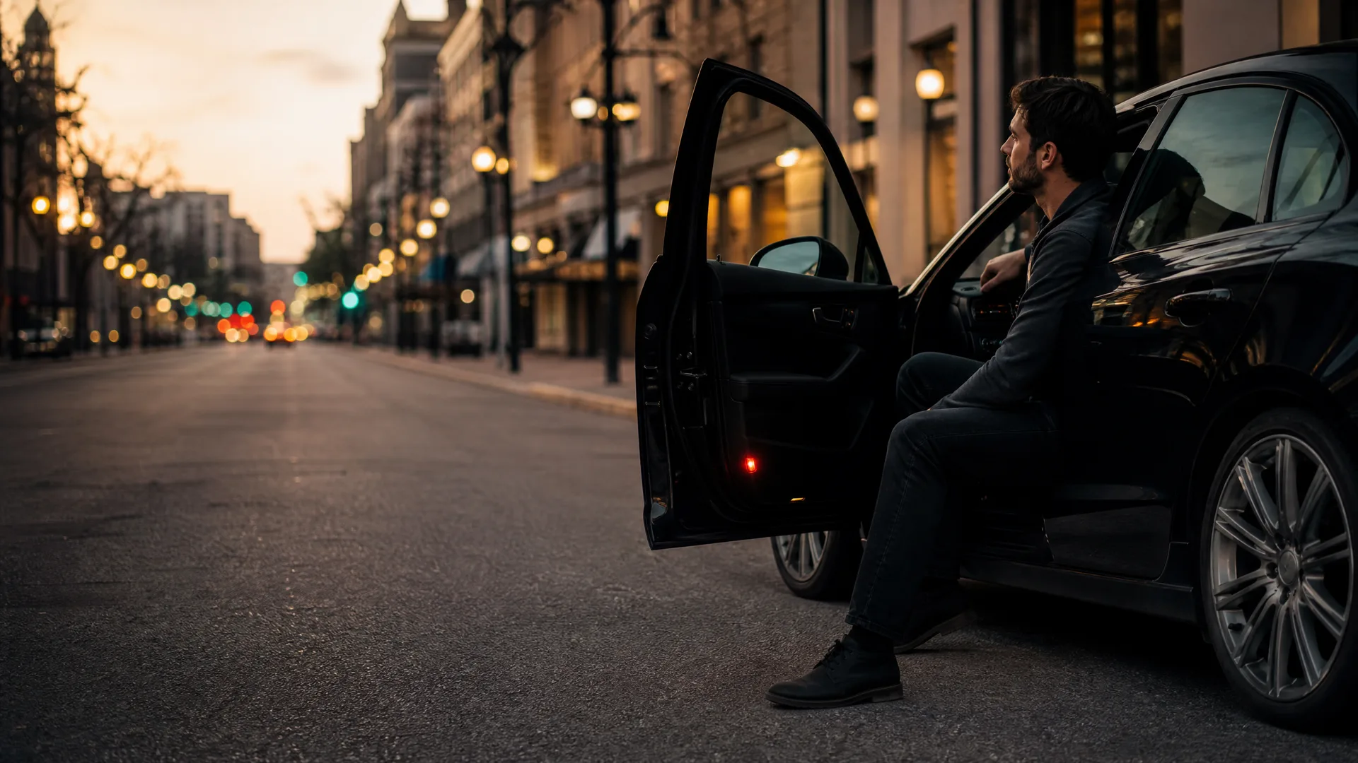 A man in a dark jacket and jeans sits in the open doorway of a black car parked on a city street at dusk, with blurred streetlights and buildings in the background.